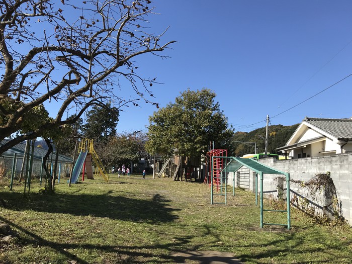 園舎の上にある園庭を走る2歳さん。クジャクやチャボもいます。